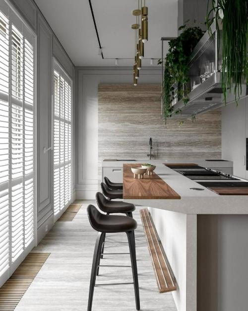 Проект современной кухни - гостиной, где дизайнер и заказчик отказались от штор и оформили окна шатерсами. 02