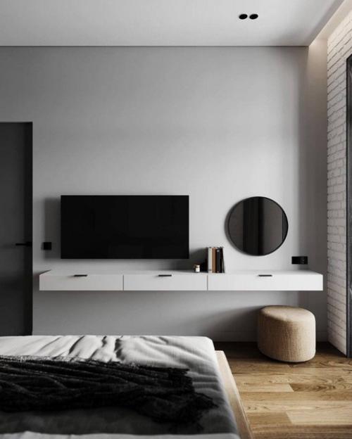 Стильная спальня без лишних деталей в монохромных тонах. 01