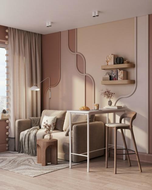 Идея для уютной кухни - гостиной в тёплых тонах.

