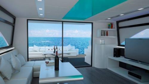 Футуристический дизайн интерьера океанской яхты.  