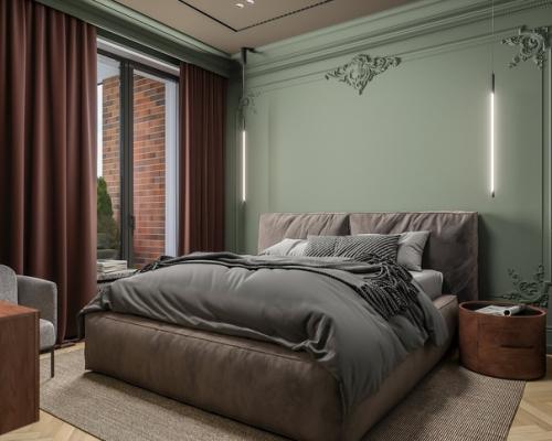 Брутальная спальня в интересной цветовой гамме с лепниной и темным потолком. 02