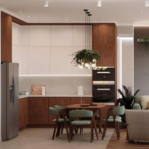 Дизайн кухни - гостиной площадью в эко - стиле. 01