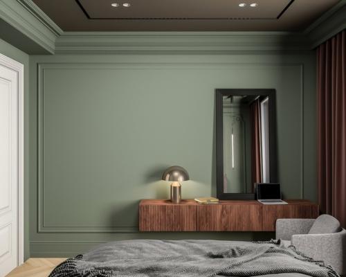 Брутальная спальня в интересной цветовой гамме с лепниной и темным потолком. 01