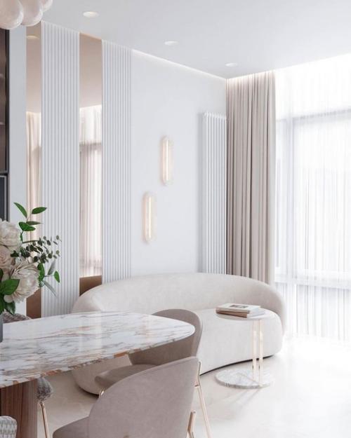 Интерьер кухни - гостиной в неоклассике с преобладанием светлых оттенков. 04