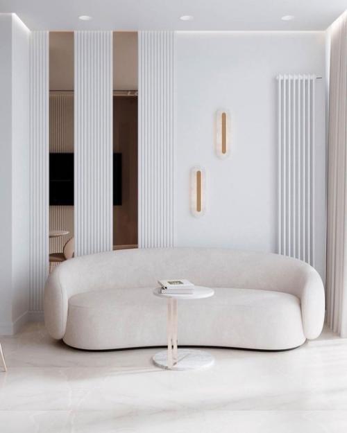 Интерьер кухни - гостиной в неоклассике с преобладанием светлых оттенков. 05