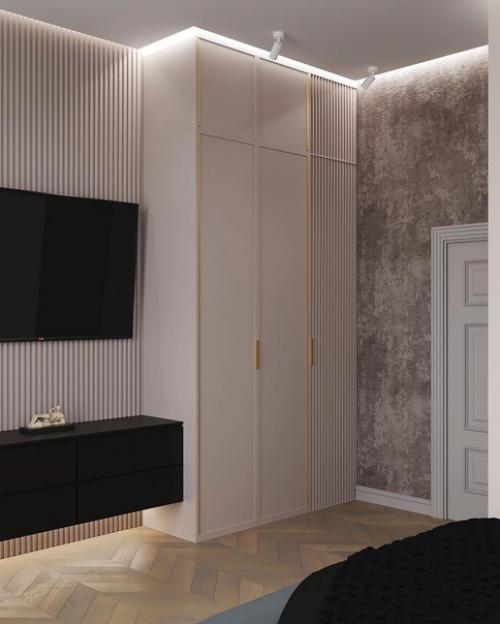 Дизайн спальни. Интерьер в современной классике с контурной подсветкой потолка, большой люстрой в качестве основного освещения. 05