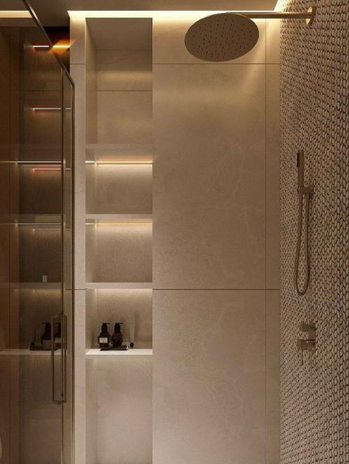 Интерьер ванной, где сочетаются светлые и темные оттенки. 01