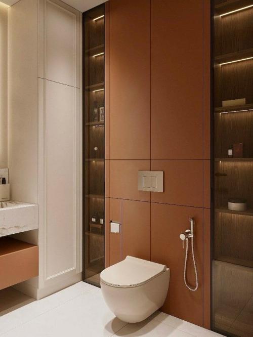 Интерьер ванной, где сочетаются светлые и темные оттенки. 06