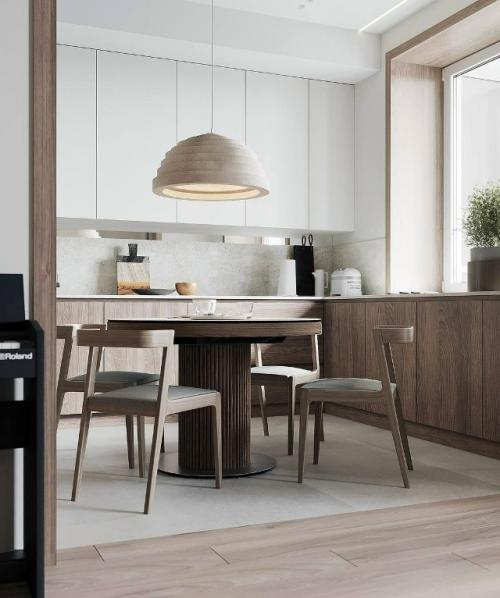 Интерьер кухни гостиной от Ольги мудряковой впечатляет своей светлой и лаконичной концепцией. 01