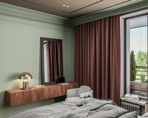 Брутальная спальня в интересной цветовой гамме с лепниной и темным потолком. 04