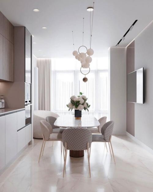 Интерьер кухни - гостиной в неоклассике с преобладанием светлых оттенков. 02