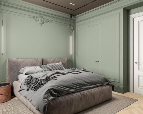 Брутальная спальня в интересной цветовой гамме с лепниной и темным потолком. 03