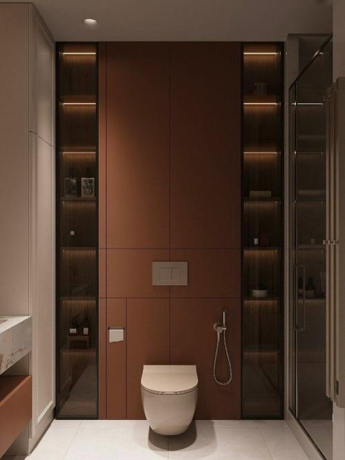 Интерьер ванной, где сочетаются светлые и темные оттенки. 04