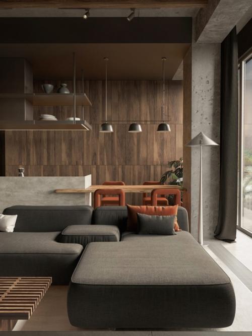 Брутальный дизайн интерьера панорамной кухни/гостиной. 04