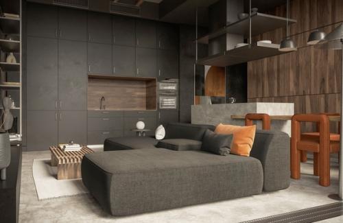 Брутальный дизайн интерьера панорамной кухни/гостиной. 01