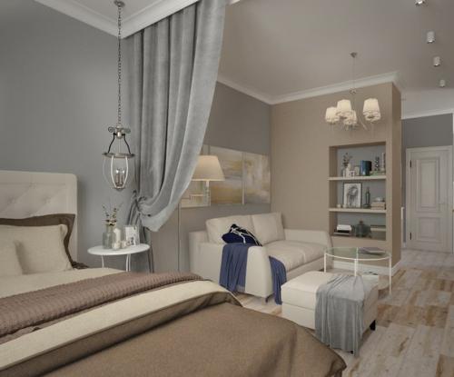 Совмещенные кухня - спальня и балкон из дизайн - проекта квартиры - студии Безмятежное Утро. 01