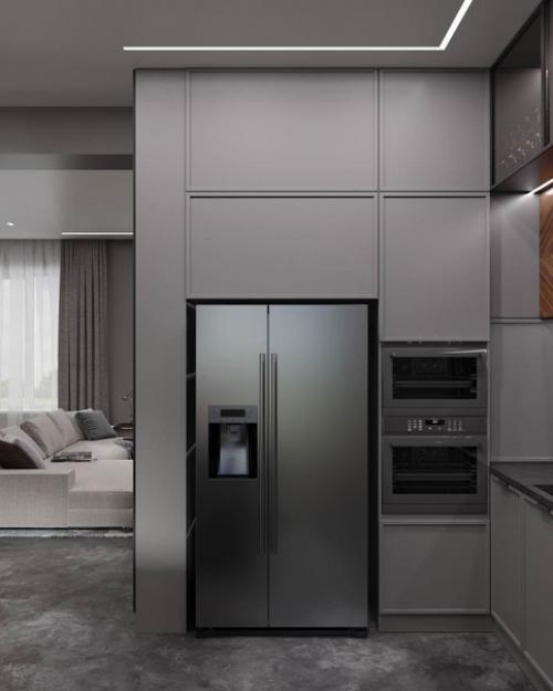 Мы представляем вам кухню - гостиную в серых тонах с яркими акцентами. 05