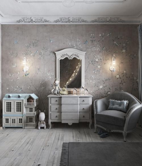 Интересный, очень атмосферный интерьер детской спальни для маленькой девочки. 03