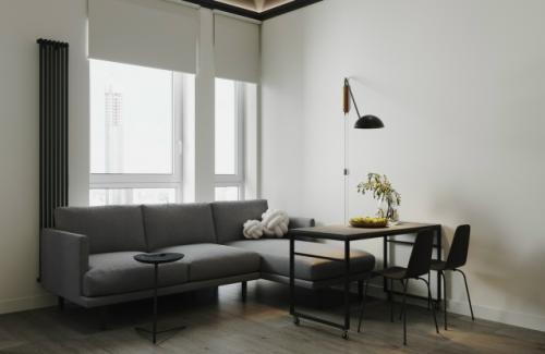 Современный проект компактной 1-комнатной квартиры 28 м 2. кухня - гостиная + спальня. 01