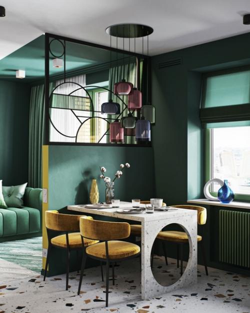 Стильный, колоритный интерьер кухни - гостиной с повторяющимися кругами и геометрическими формами. 05