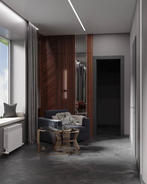 Мы представляем вам кухню - гостиную в серых тонах с яркими акцентами. 01