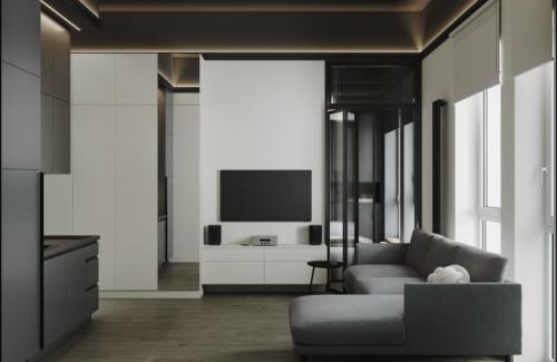 Современный проект компактной 1-комнатной квартиры 28 м 2. кухня - гостиная + спальня. 03