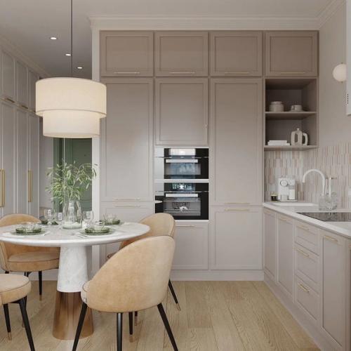 Современный светлый интерьер кухни - гостиной наполнен воздухом, в нем легко и уютно. 07