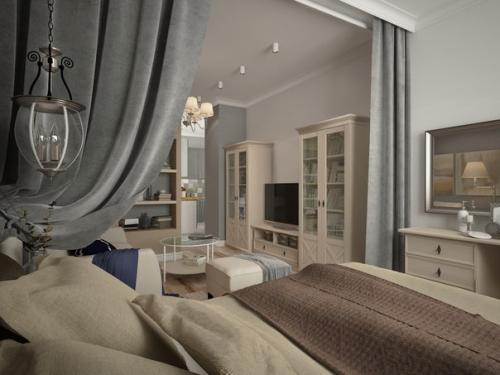 Совмещенные кухня - спальня и балкон из дизайн - проекта квартиры - студии Безмятежное Утро. 03