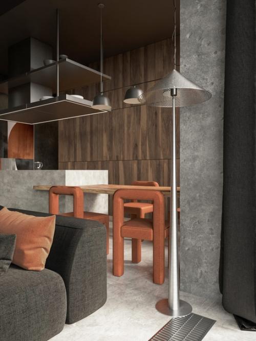 Брутальный дизайн интерьера панорамной кухни/гостиной. 03