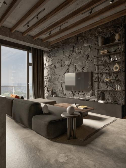 Брутальный дизайн интерьера панорамной кухни/гостиной. 06