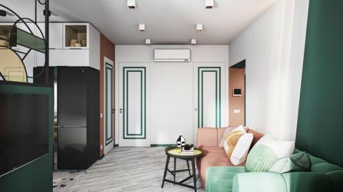 Стильный, колоритный интерьер кухни - гостиной с повторяющимися кругами и геометрическими формами. 07