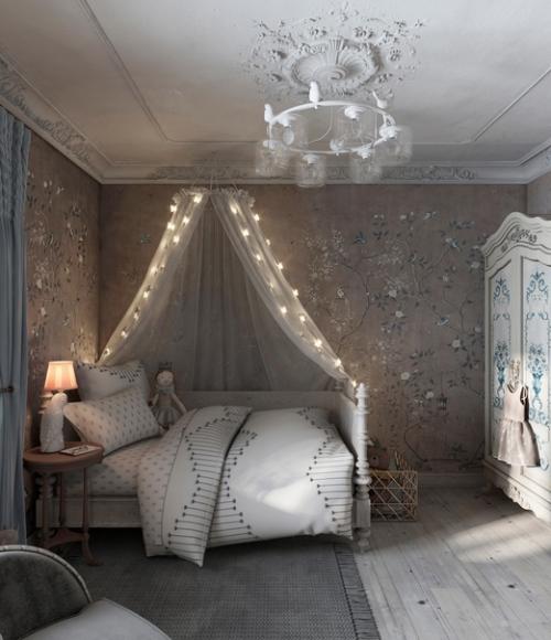 Интересный, очень атмосферный интерьер детской спальни для маленькой девочки. 02