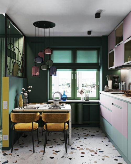 Стильный, колоритный интерьер кухни - гостиной с повторяющимися кругами и геометрическими формами. 03