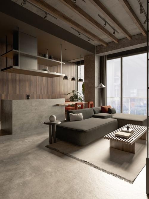 Брутальный дизайн интерьера панорамной кухни/гостиной. 05