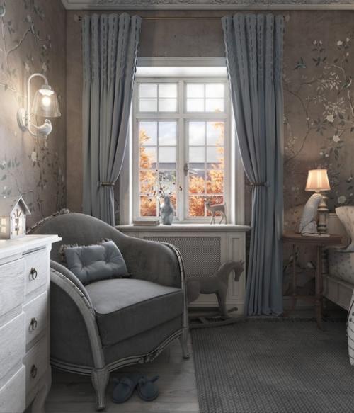 Интересный, очень атмосферный интерьер детской спальни для маленькой девочки. 01