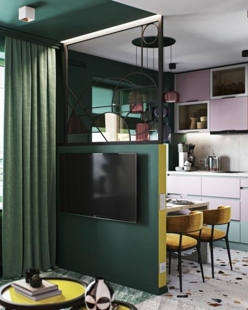 Стильный, колоритный интерьер кухни - гостиной с повторяющимися кругами и геометрическими формами. 02