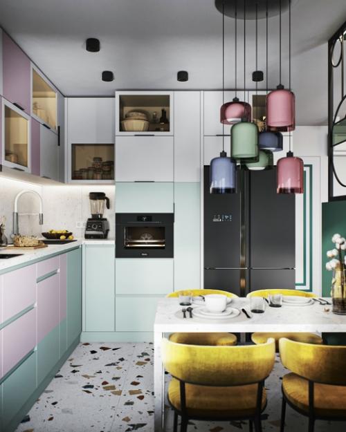 Стильный, колоритный интерьер кухни - гостиной с повторяющимися кругами и геометрическими формами. 04