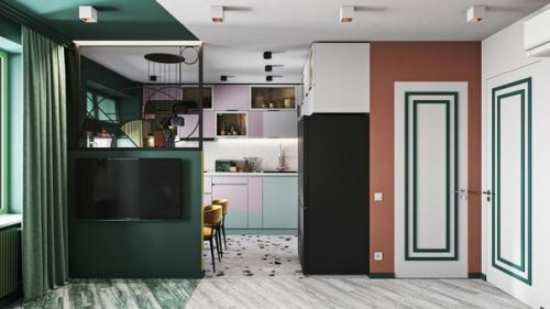 Стильный, колоритный интерьер кухни - гостиной с повторяющимися кругами и геометрическими формами. 01