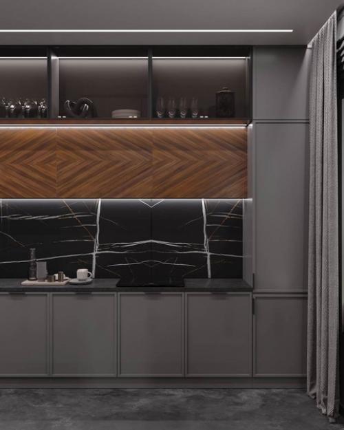 Мы представляем вам кухню - гостиную в серых тонах с яркими акцентами. 04