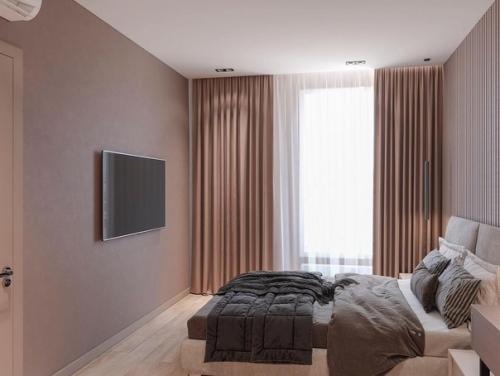 Современный интерьер спальни с гардеробной. 02