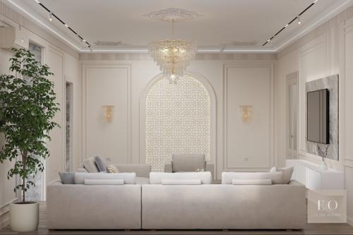 Проект дизайна интерьера гостиной и коридора загородного дома в стиле современной классики с восточными элементами. 02