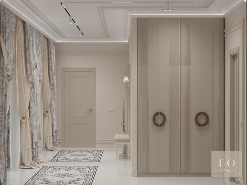 Проект дизайна интерьера гостиной и коридора загородного дома в стиле современной классики с восточными элементами. 07