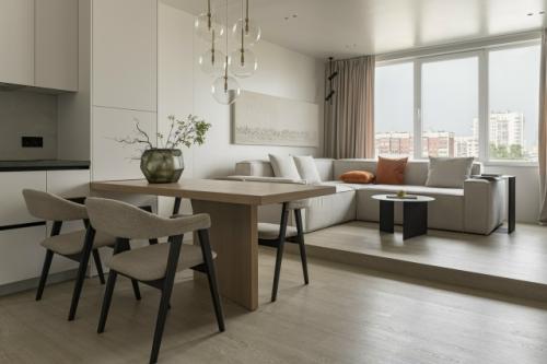 Кухня гостиная в этом проекте была увеличена за счёт присоединённой лоджии на 5, 5 кв м. в подиум спрятано утепление и встроен теплый пол. 01