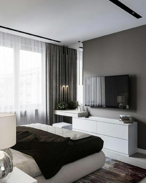 Интерьер спальни.  Как здорово, когда есть возможность в спальне сделать сразу вместительный шкаф или гардеробную. 04