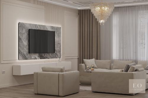 Проект дизайна интерьера гостиной и коридора загородного дома в стиле современной классики с восточными элементами. 01