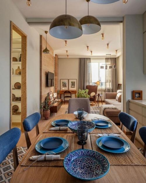 Кухня и гостиная в легком загородном стиле. 01