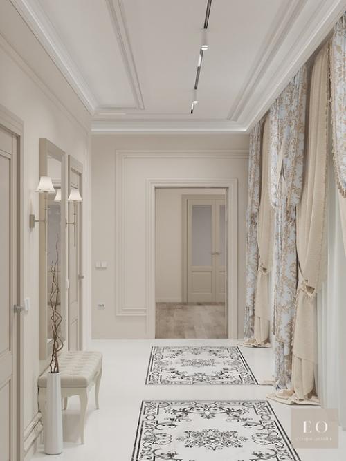 Проект дизайна интерьера гостиной и коридора загородного дома в стиле современной классики с восточными элементами. 06