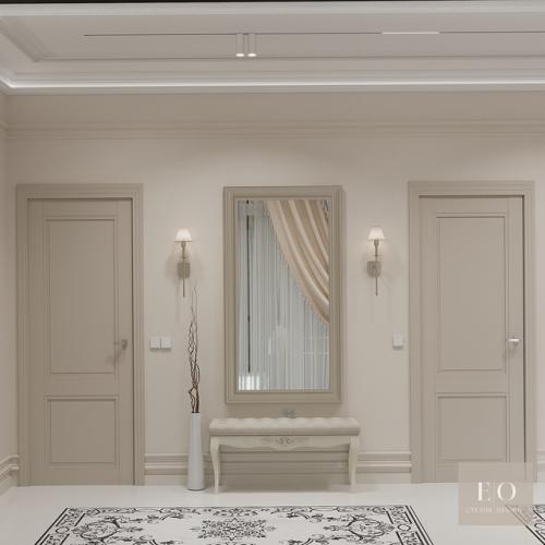 Проект дизайна интерьера гостиной и коридора загородного дома в стиле современной классики с восточными элементами. 08