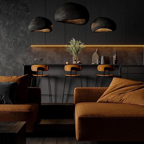 Сочетание чёрного и оранжевого делает эту комнату особенной, а подсветка в тёплом оранжевом цвете подчеркивает все детали. 03