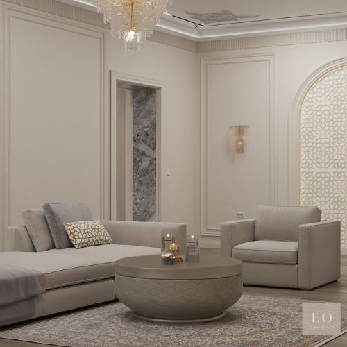 Проект дизайна интерьера гостиной и коридора загородного дома в стиле современной классики с восточными элементами. 03